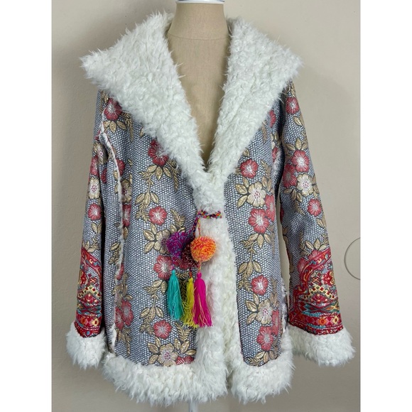 Johnny Was Biya Quarda Floral Embroidered Fur Coat - Picture 1 of 8
